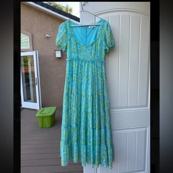 Likely 70s 60s blue & green selkie puff sleeve regency prom wedding guest dress - Picture 2 of 7
